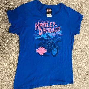 Harley Davidson womens tee Lg. Blue with sparkly pink signage.  Cute, confy